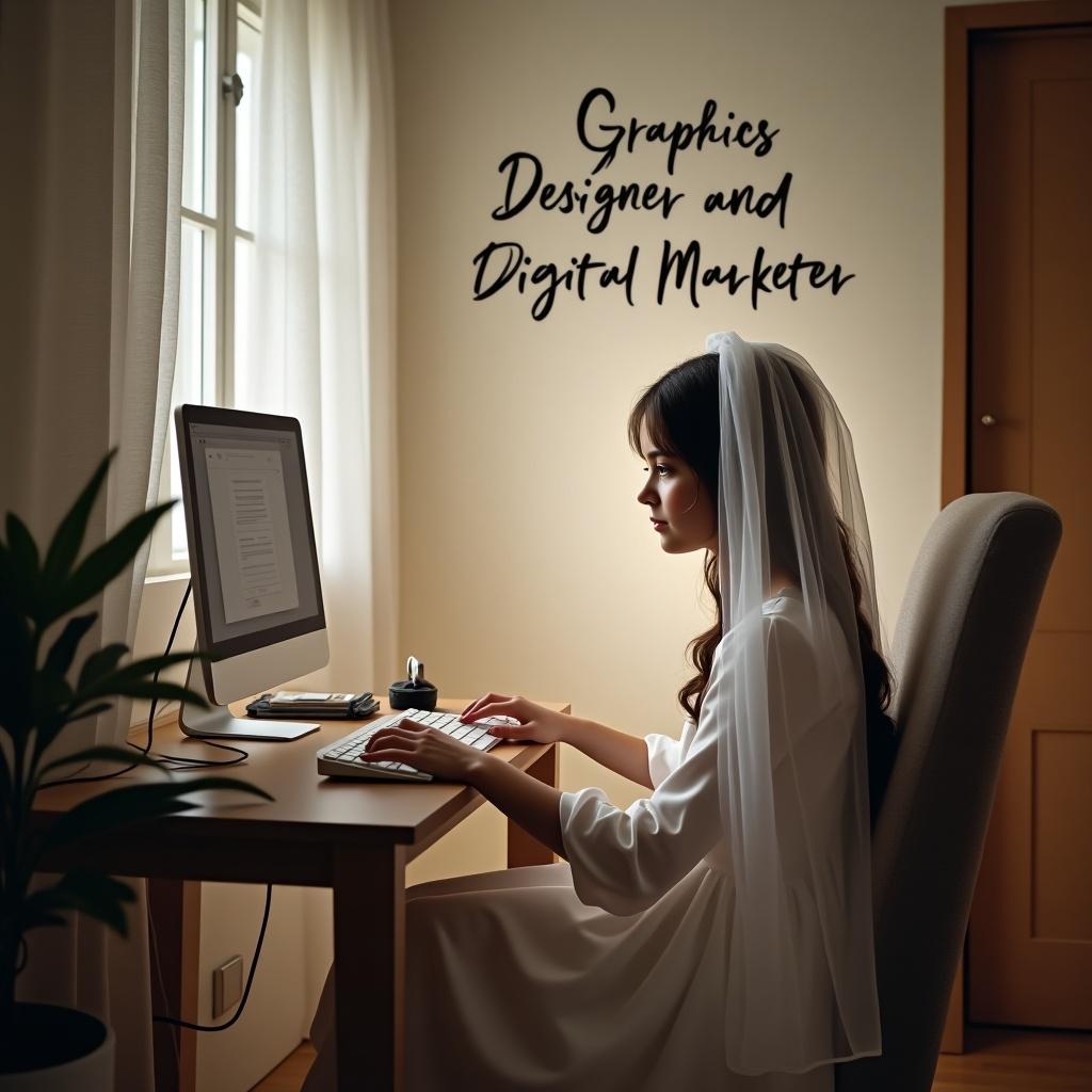 A girl is seated at a desk in her room, deeply engaged in her work on a computer. She wears a beautiful white dress along with a delicate veil that partially obscures her face, giving a mysterious yet professional appearance. The room is softly lit by natural light streaming in through a nearby window, creating a serene atmosphere. On the wall behind her, the words 'Graphics Designer and Digital Marketer' are elegantly painted. The setting reflects a modern and creative workspace, perfect for a freelance professional. The overall mood is focused and calm, ideal for productivity.