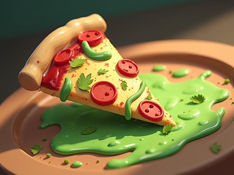 Detailed presentation of a vibrant pizza slice with unique toppings. Pizza slice features green sauce with a playful style. The design includes colorful pepperoni and cilantro. Emphasis on a fun and creative appearance in 3D animation style.