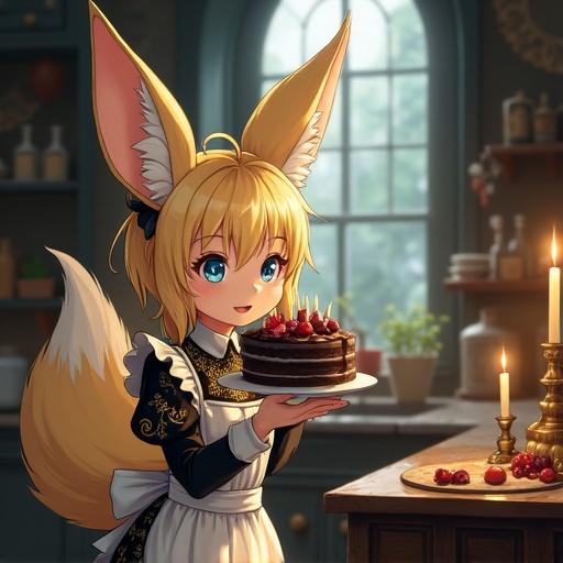 Cute anime girl with fluffy fennec fox ears and big fluffy tail. Blonde messy long hair and blue eyes are visible. Girl wears a maid outfit with long black dress and white apron. Mouth open while holding fancy black forest cake with candles. Scene set in old dark Victorian mansion kitchen. Lit by candlelight with a bright window showing foggy forest. Expensive items decorate the space.