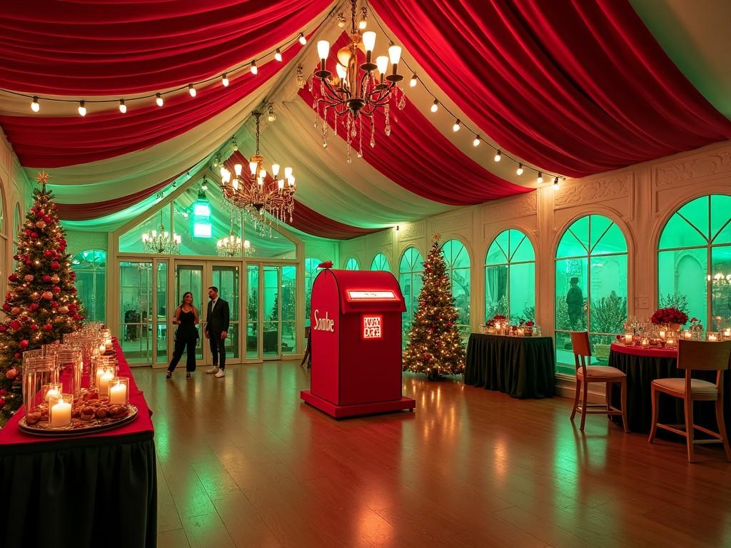 The image features a beautifully decorated holiday event space filled with festive Christmas elements. Large trees adorned with ornaments stand at either side, and tables are set with candles providing a warm glow. A striking red donation box is prominently positioned in the center, symbolizing charitable giving during the holidays. The room is decorated with draped red and white fabric, creating an elegant ambiance. Green lighting accents the overall decor, enhancing the festive spirit.