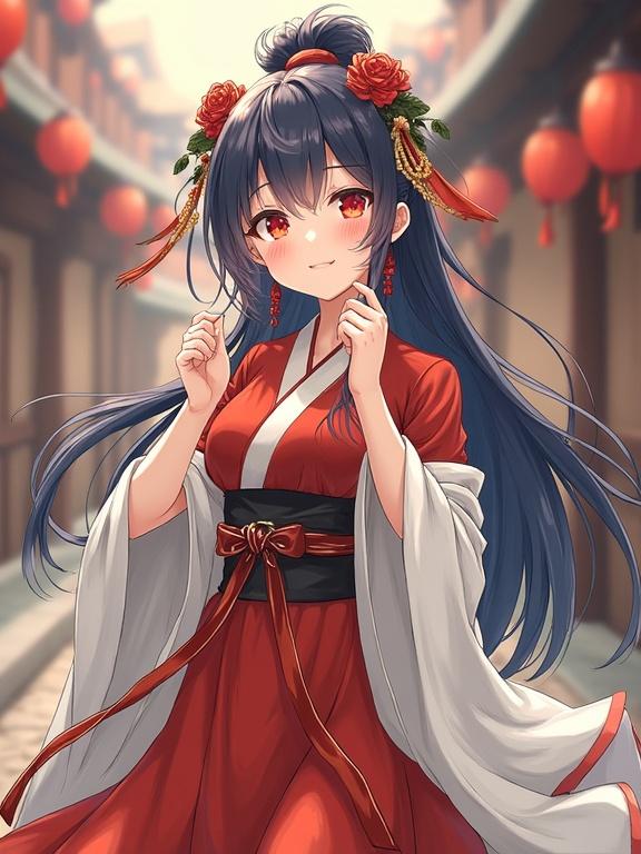 Young woman in red traditional attire. She has long dark hair with accessories. Standing outdoors in a festive setting. Smiling gently at the viewer. Background features lanterns and architecture.