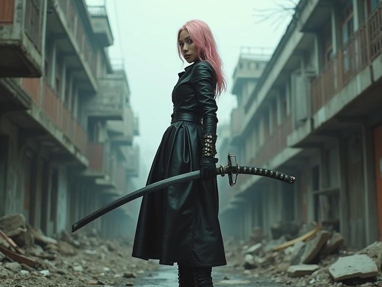 Woman in black leather outfit stands with katana sword in desolate urban area. She has pink hair and defiant look. Environmental mood is apocalyptic. Captured from low angle.
