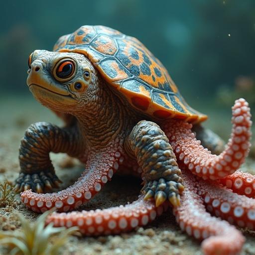 A unique hybrid creature that combines characteristics of a turtle and an octopus. The creature has a turtle-like shell with patterns and an octopus's tentacles extending. It is seen in a vibrant underwater setting.
