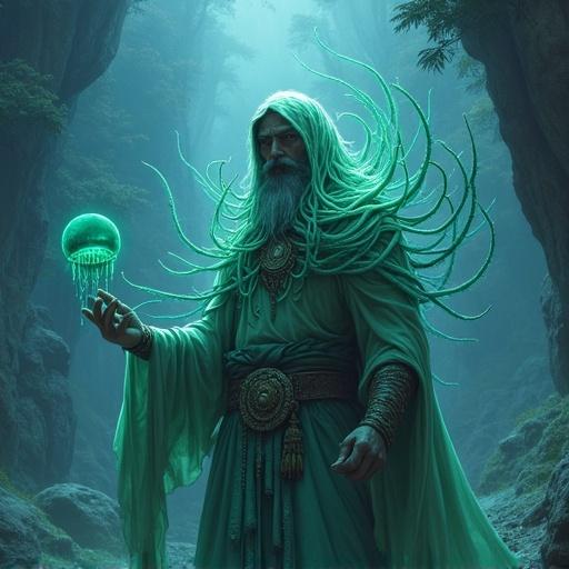 Image of a monk character with jellyfish tendrils in a mystical forest setting. The monk exhibits an ethereal appearance with magical elements. Soft lighting enhances the fantasy atmosphere.