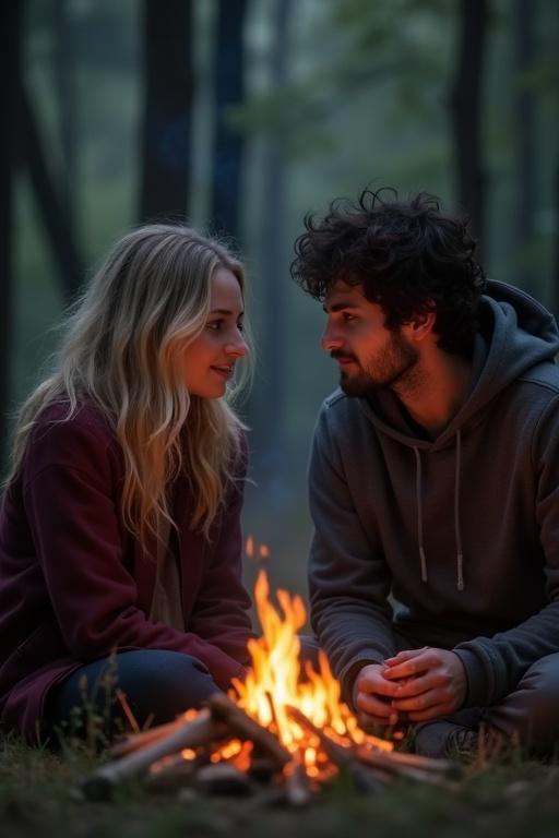 Couple sitting by campfire in forest. Dark blonde woman and dark haired man gazing at each other. Body language shows awkwardness and hidden feelings. Distance about two feet between them. Warm light of fire illuminating faces.