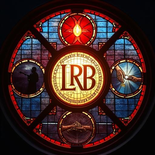 Close-up view of a circular gothic-style stained glass window. Symbolic scenes depicted from song lyrics. Silhouette is under red light. Hands exchange a golden chain for crumbs. Image includes an eternal flame. Rich jewel tones dominate colors. Center features an 'LRB' golden monogram. Bright light shines through the glass. Style is detailed gothic art in photorealistic 3D render. Aspect ratio is 1:1.