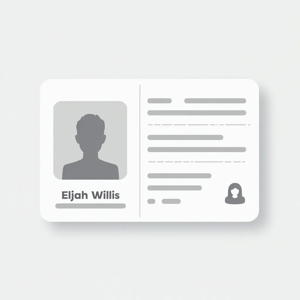 Minimalistic design of a state ID card. Gray and white colors create a modern aesthetic. Silhouette of a person's head on the left side. Lines and text boxes indicate presence of personal information. Design conveys professionalism and clarity. Name Elijah Willis.