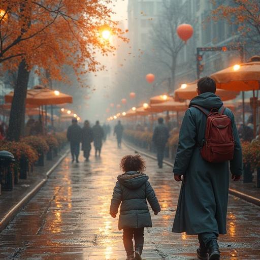 A child walks with an adult in an urban setting during autumn. The scene has warm lighting and festive lanterns. People stroll along a tree-lined street.