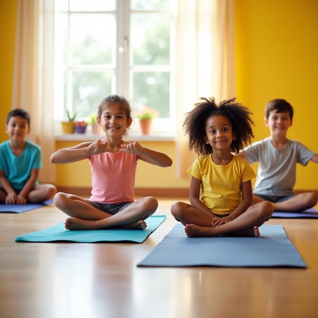 This image features kids engaging in yoga in a vibrant school environment. There are four children, both boys and girls, sitting on yoga mats in a bright room. The background is cheerful with yellow walls and natural light streaming in through windows. The kids appear focused and happy, showcasing different yoga poses. This scene highlights the importance of wellness and fitness among children in an educational setting.