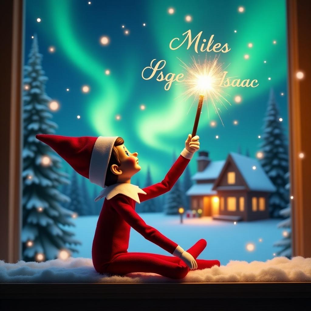 An elf sits with its back to the viewer. It gazes skyward and holds a glowing wand. The wand emits sparkling light. The background shows a charming Christmas scene with colorful northern lights. A cozy house is decorated for the holidays in the distance. Snow covers the ground. The elf embodies the spirit of magic and wonder associated with Christmas. The names ‘Sage’ ‘Miles’ ‘Isaac’ are created in the air using the wand.