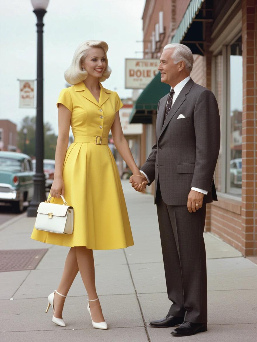 Side view of a woman with retro platinum blonde hair wearing a yellow business dress. She holds a white purse, has long legs in nylons and high heels. The wind blows up her dress as she stands on a small town city sidewalk. She holds hands with an older man.