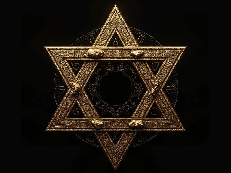 Intricate gold star design on a black background with detailed patterns and textures. Symbols placed around the star, evoking elegance and mystique.