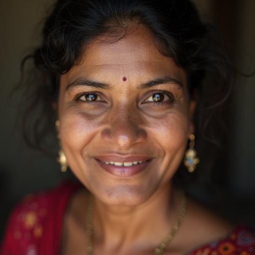 Close-up portrait of a woman in Bengaluru India with a warm smile and traditional attire