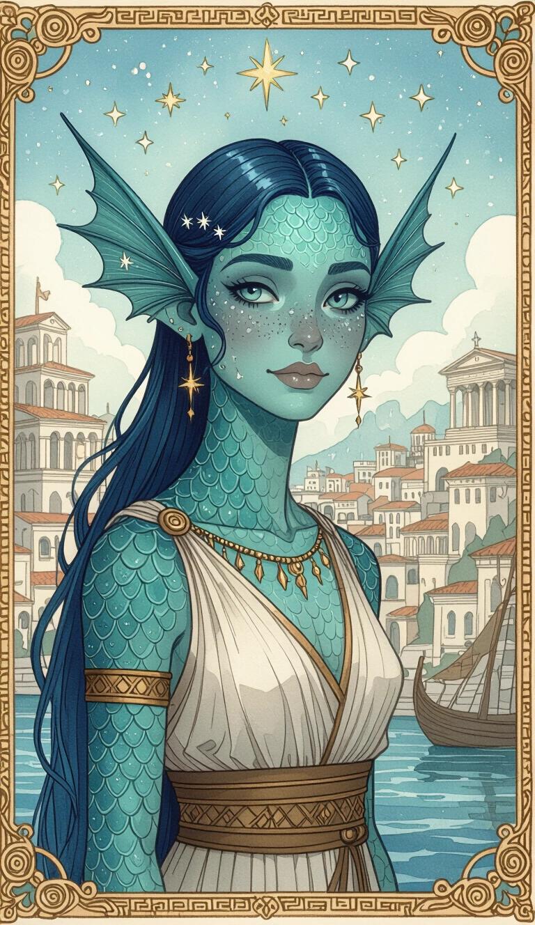 Dark watercolor illustration features a Triton female character with green-blue scaled skin. Ancient-Grecian-Fantasy port city is depicted in the background. Character wears ancient Greek-style clothing and has long blue-green hair. She is connected to stars and has a youthful appearance. Scales are present on cheeks, neck, and forehead.