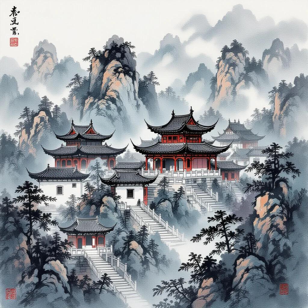 Traditional style landscape painting in gray and white tones showcases an ancient architectural complex amidst layered mountains. Structures are arranged harmoniously with pavilions, bridges, and surrounded by dense trees. Distant peaks contrast with nearby buildings creating depth. Overall scene evokes tranquility and timelessness.