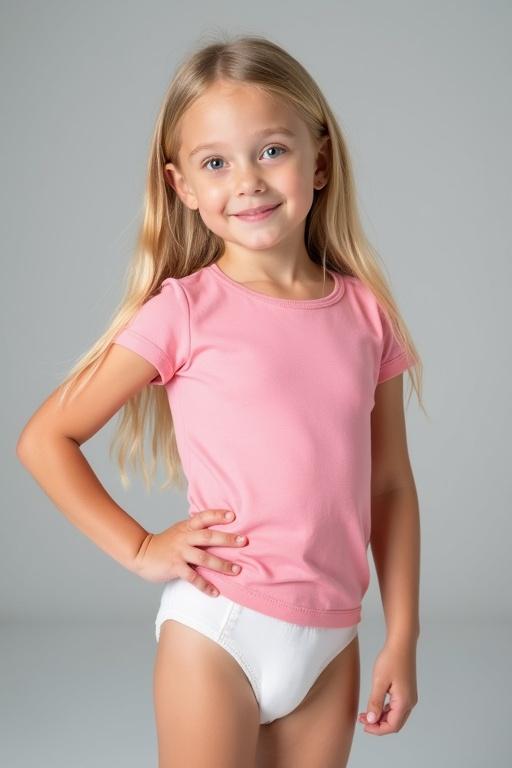 Image of a young girl with long blonde hair in a pink t-shirt and white diaper. Soft gray background. Relaxed pose with one hand on hip. Soft lighting enhances childhood playfulness.