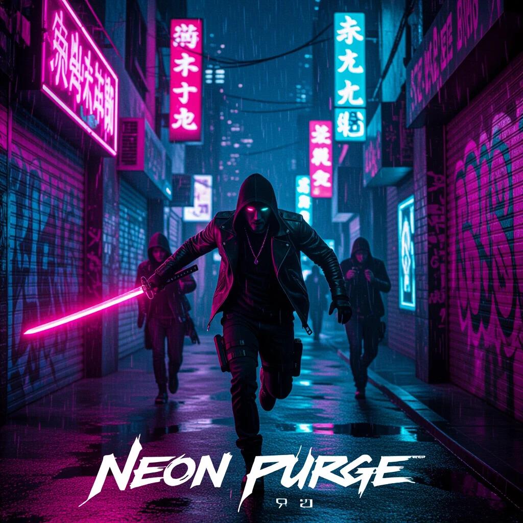 Joseph Quinn sprints through a neon-lit alley. He wields a glowing katana. The atmosphere echoes cyberpunk themes with rain-soaked streets. Graffiti covers the walls. Flickering digital billboards shimmer above. A frenetic tone captures the action.