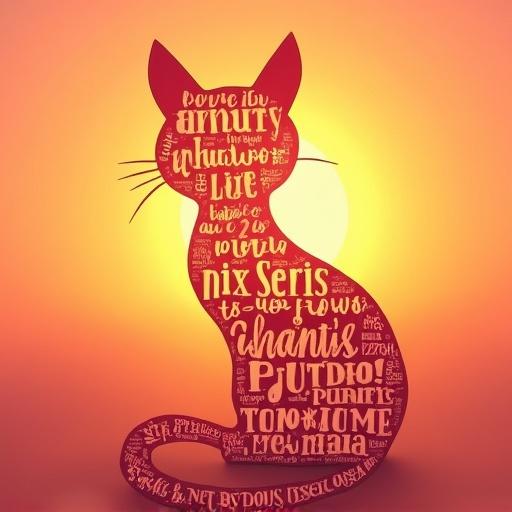 Whimsical cat-shaped typography art piece against a vibrant sunset gradient background. Cat silhouette formed from playful text and puns in bold, rounded fonts. Text includes 'Fur-get your worries' and 'Life is PURR-fect' in warm orange and coral colors. Background features dreamy sunset gradient from deep coral to golden yellow to soft peach. Design has warm glowing effect with subtle drop shadows. Typography style is modern and playful with rounded edges. Overall mood is cheerful and sunset-warm with soft lighting effects.