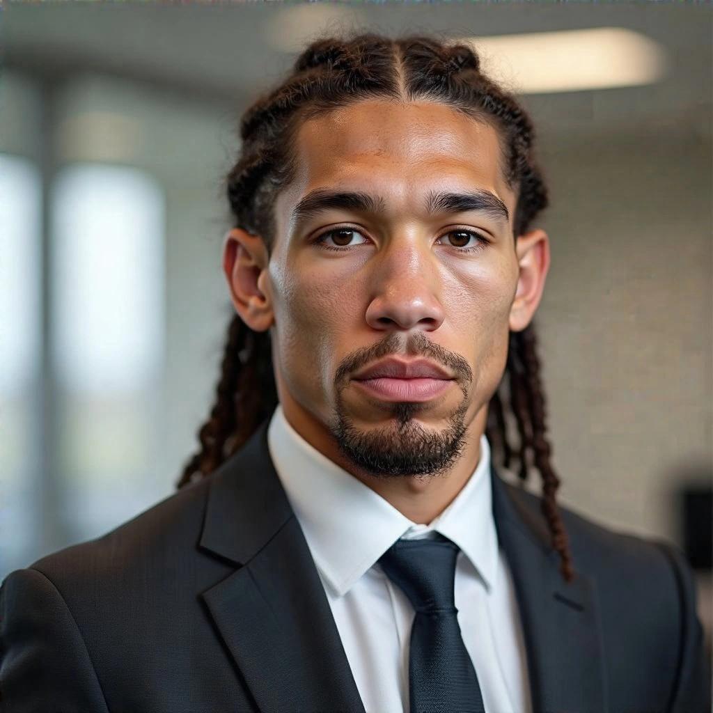 Portrait of a man in professional attire. Dressed in a business suit. Serious expression. Located in an office environment. Headshot style image.