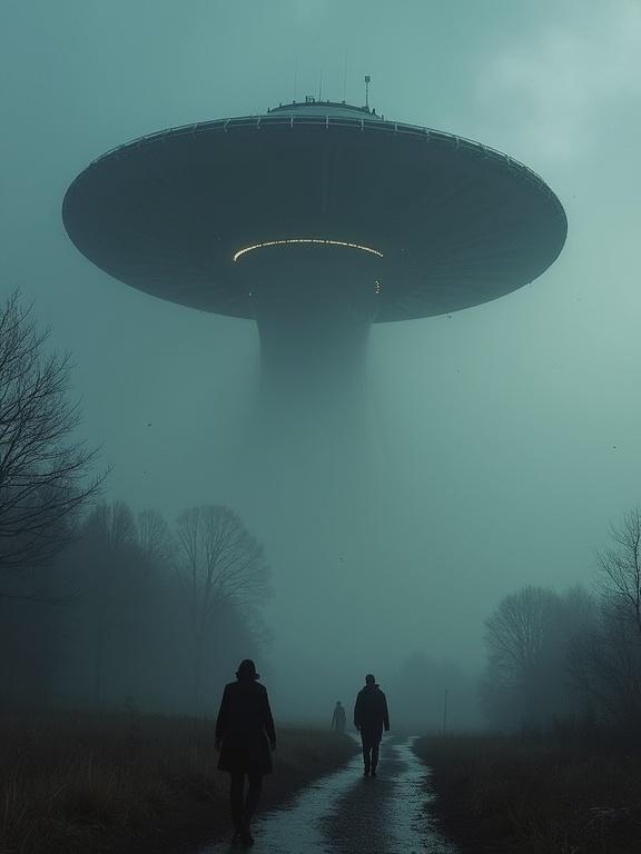 Foggy landscape with a large UFO hovering above. Silhouetted figures walking towards it on a path. Mysterious ambiance with dark tones.