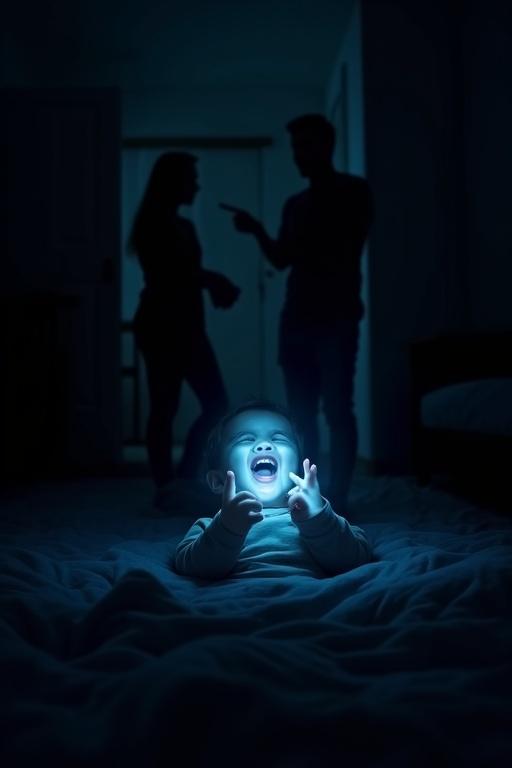 A toddler lies on his back in a dark room. The child is laughing joyfully at a bright mobile screen. The screen illuminates the child's face. Cold blue-white light casts sharp shadows in darkness. Behind the child, parents are silhouetted in a heated argument. One parent points aggressively while the other is turned away, faces in shadow. The room is dimly lit, with faint outlines of furniture. High contrast scene emphasizing child's innocence and parental conflict. Hyperealistic with mood lighting.