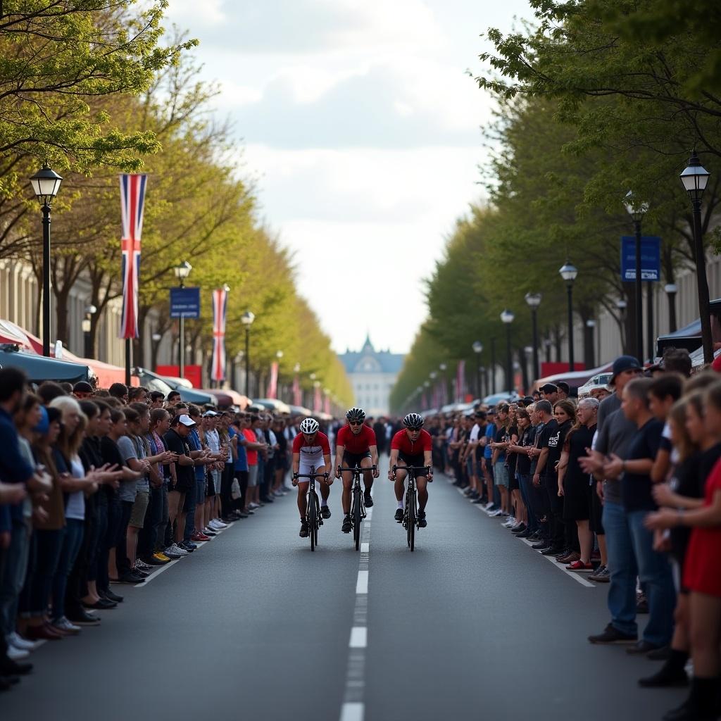 This image captures an exciting moment during a cycling race. Spectators line the streets, eagerly watching as cyclists ride down the road. The scene is filled with greenery from trees lining the avenue, creating a vibrant atmosphere. Flags and decorations add to the festive feel of the event. It showcases the spirit of sportsmanship and community engagement, with people united in their support for the racers.