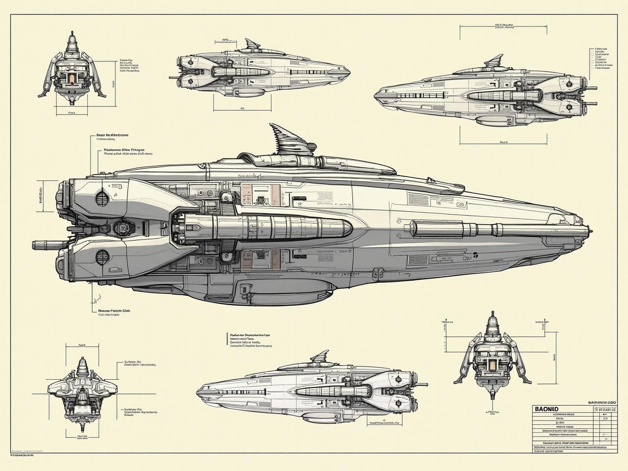 This image is a detailed blueprint of a futuristic access machine or Building Maintenance Unit (BMU). It features a top-down view and multiple angles of the ship, showcasing its intricate design and components. The pale background enhances the classic engineering blueprint aesthetic, while bold black linework provides clarity to the technical specifications. Surrounding the main outline are additional diagrams that highlight various mechanical elements, suggesting a thorough understanding of the ship's design. This comprehensive approach makes it an excellent reference for futuristic technology and engineering.