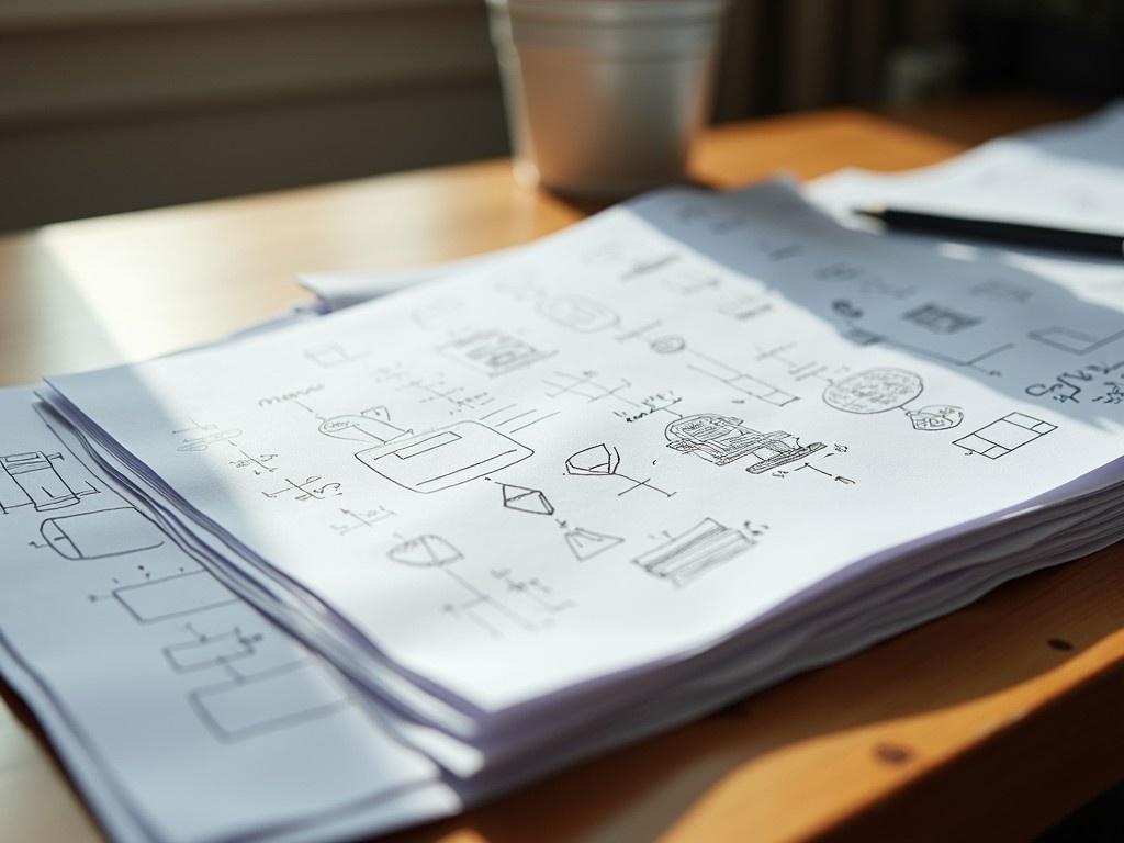 The image depicts a stack of papers scattered on a wooden table. Each page features various sketches and written notes, showcasing a creative or brainstorming process. The papers are white with black markings, indicating ideas, diagrams, and concepts. A small pot can be seen in the background, adding a touch of decor to the work environment. The setting is illuminated by natural light, creating a serene atmosphere that encourages creativity and thought.