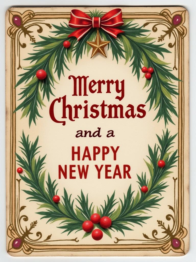 A vintage greeting card design features festive holiday wishes. The card displays the text, 'MERRY CHRISTMAS AND A HAPPY NEW YEAR. WITH MUCH LOVE, FROM ASTERIC AUDIT SERVICES.'