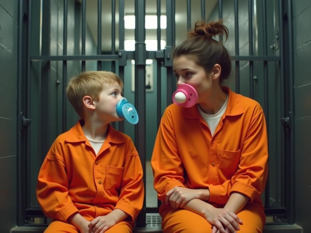 A mother and son are inside a jail cell. Both wear orange jump suits. They have oversized pacifiers. The boy has a blue pacifier. The mother has a pink one. They look happy and talk about prison rules.