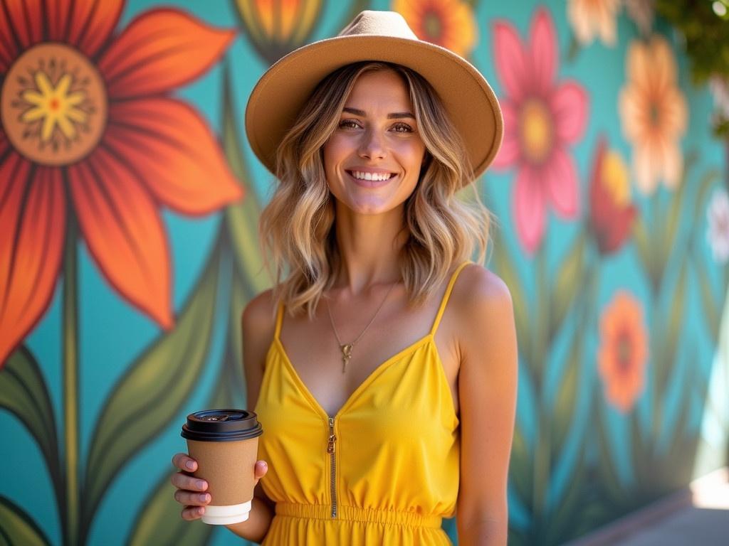 A woman is standing in front of a vibrant, colorful mural featuring flowers and abstract designs. She is wearing a bright yellow sundress that complements the warm tones of the background. Her hair is styled in soft waves, and she is wearing a wide-brimmed tan hat. In one hand, she holds a takeaway coffee cup, suggesting a casual and relaxed mood. The setting appears to be a cafe or a public art space, ideal for enjoying a sunny day outdoors.