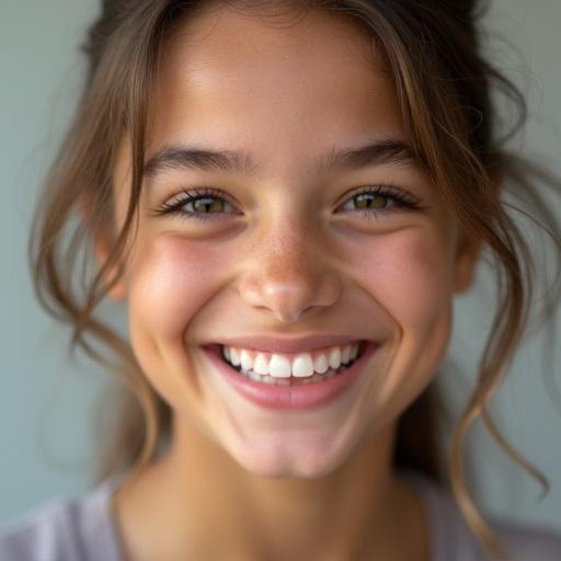 A young girl smiles brightly. She has a cheerful expression. The scene suggests an interaction with invisible aligners.
