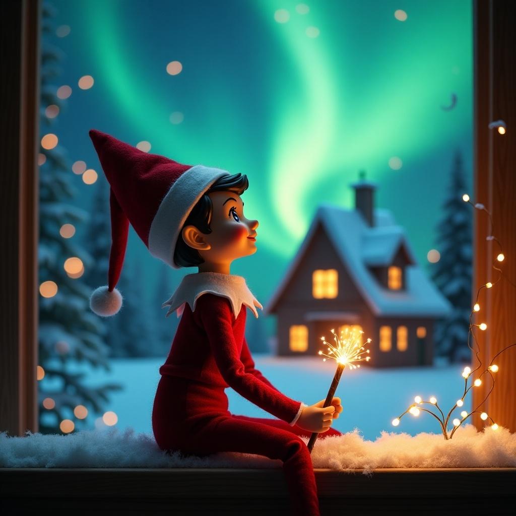 Elf on the shelf sits on a window ledge. Elf looks upward. Glowing wand in hand. Colorful northern lights illuminate the sky. Cozy house in the background. Ground covered in snow. Elf symbolizes Christmas magic and wonder.