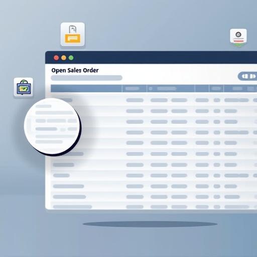 Sleek modern interface of Open Sales Order list. Active and relevant orders in organized layout. Professional blue-gray color scheme. Semi-transparent filter icon overlays interface. Archive box icon with green checkmark for secure storage. Bold tagline Streamline Your Sales Order Management.