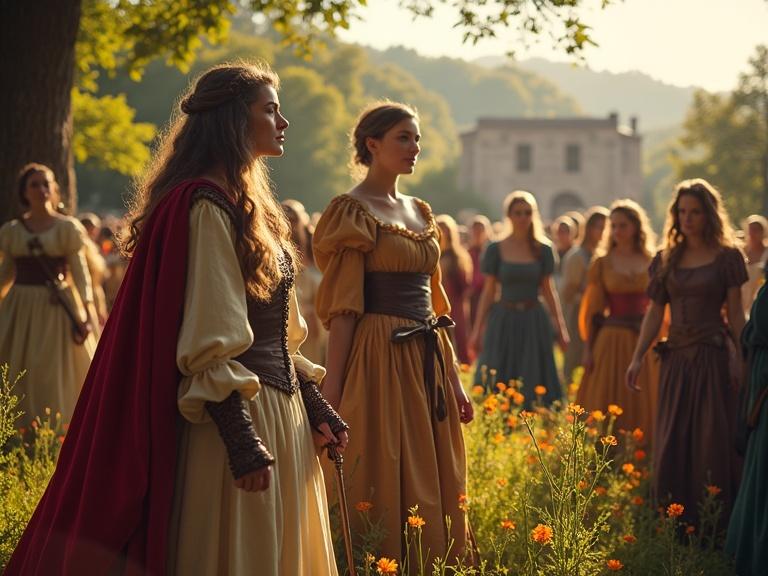 Medieval gathering of numerous ladies on a lovely sunny day in a picturesque outdoor setting