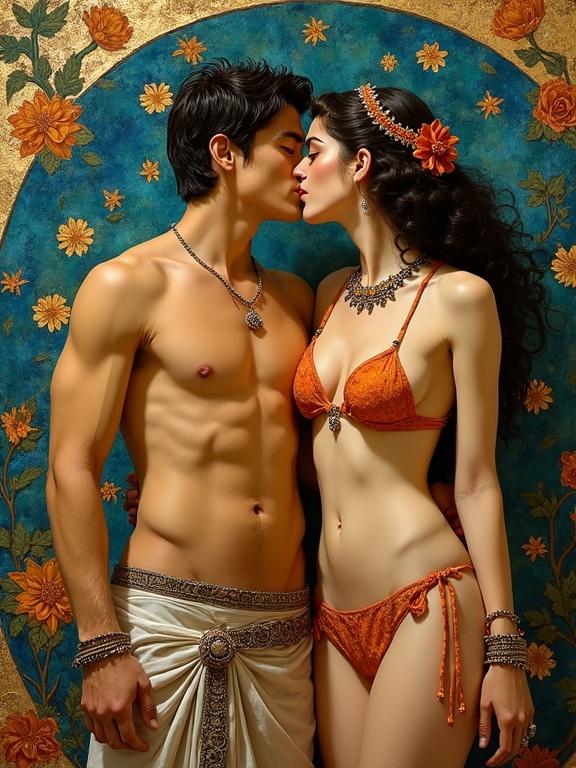 3D painting featuring two lovers in a close embrace. The setting has ornate designs and rich colors. The woman wears a bikini and elaborate jewelry. The man is in a traditional outfit with a strong physique. They are sharing a kiss amidst a beautiful backdrop.