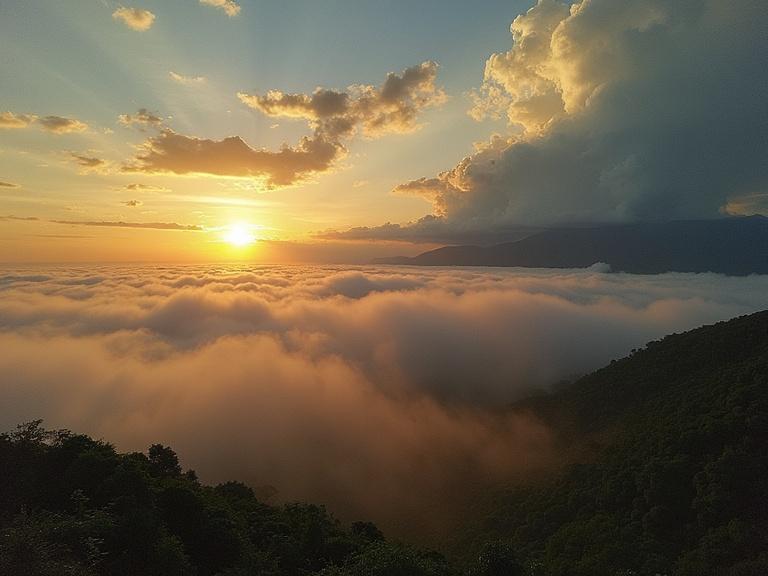Mountain landscape with sunset view above clouds. Warm colors in the sky with misty atmosphere. Green hills below.