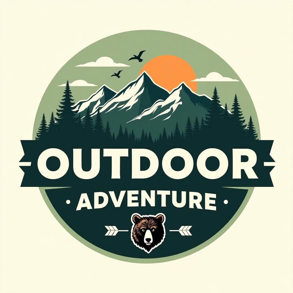 Logo design features mountains landscape with pine trees and sun. Text 'OUTDOOR ADVENTURE' prominently displayed. Grizzly bear emblem with crossed arrows. Circular design with greenish background and vintage style.