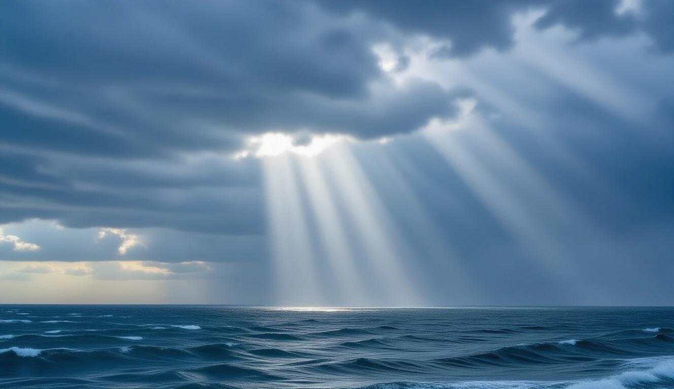 A stormy sky with beams of light coming down onto the sea. Waves can be seen moving under the clouded sky. The atmosphere feels dramatic and serene.