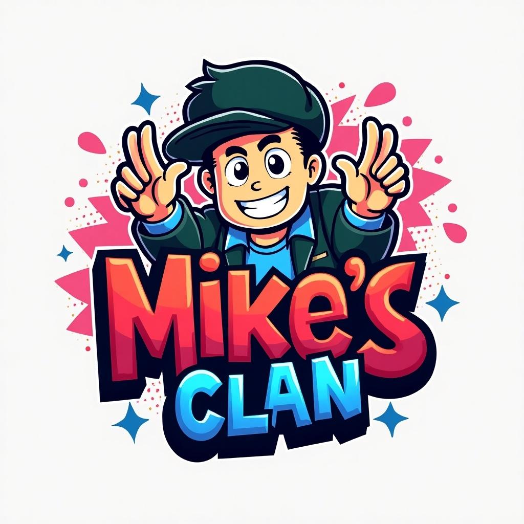 Logo design for a Roblox group. Features a cartoon character with a hat. The character is smiling and making a peace sign. Bright colors are used in the background. The text displays 'Mike's Clan.'