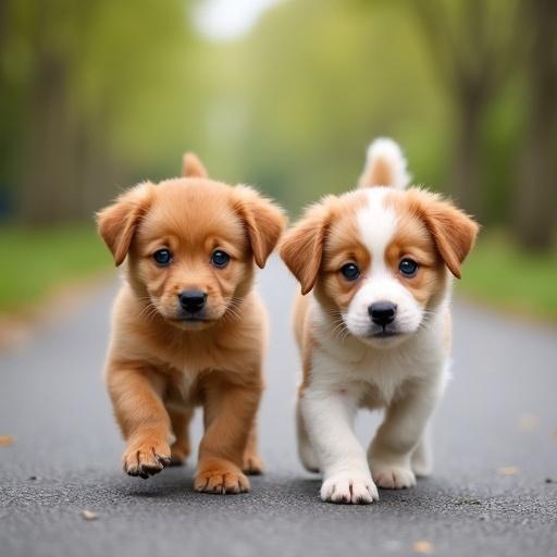 Two puppies walk together on a serene street. One is golden-colored and the other is cream-colored. Green trees line the street under soft natural light. Focus on the bond between the puppies.