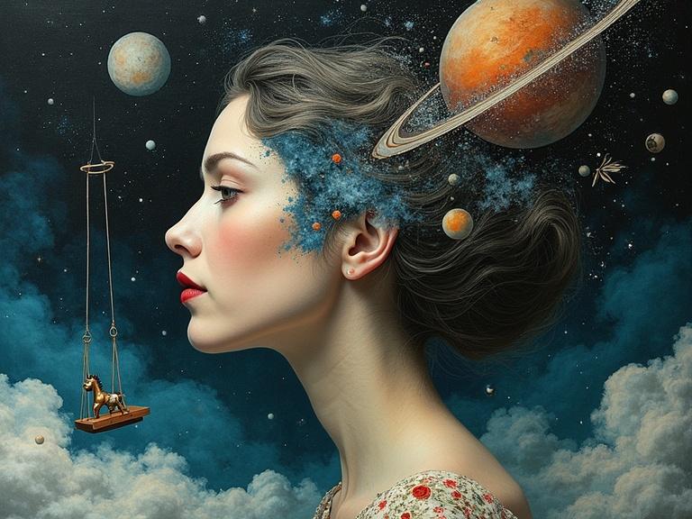 Surreal portrait of a woman with a melancholic expression. Her face dissolves into a night sky filled with stars and galaxies. Features a swing, a door opening to clouds, and a toy horse on Saturn’s rings. Hair turns into smoke, blending realism with dreamlike distortion. Rich textures and soft lighting evoke memory and cosmic themes.
