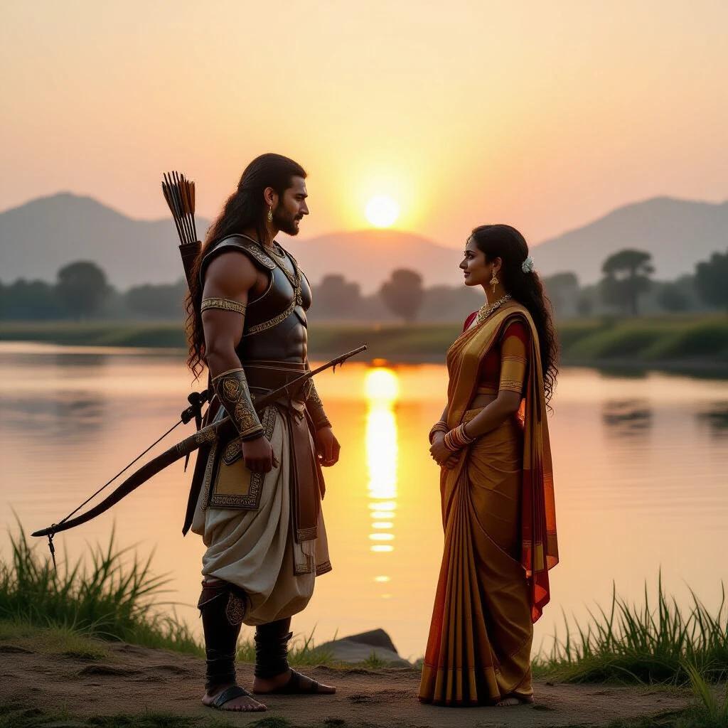 Scene at the golden hour near a riverbank. A strong warrior stands with a bow. He wears traditional armor. A woman in an elegant saree stands before him. The sun sets low on the horizon. Warm light casts long shadows. They engage in a deep conversation. The water reflects the vibrant sunset. Distant hills form the backdrop.