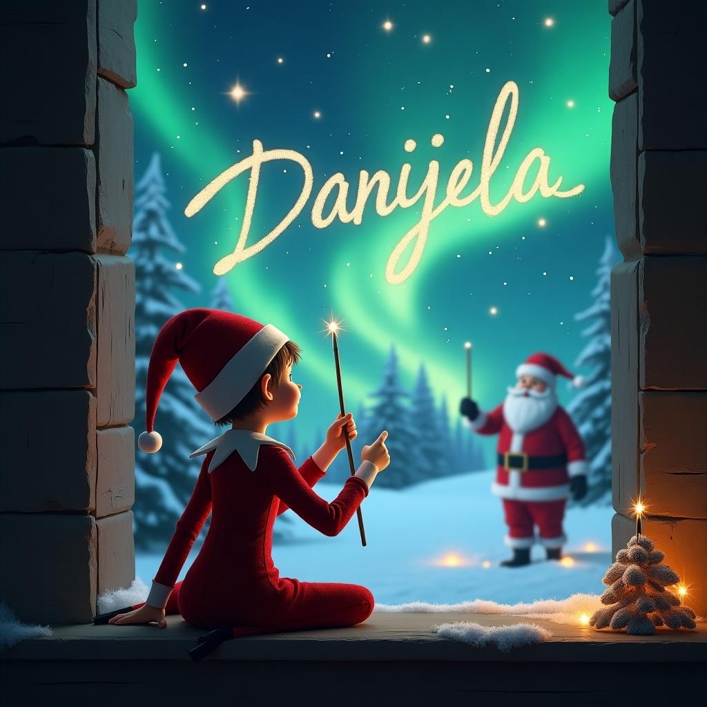 An elf on the shelf sits with its back to the viewer, gazing at the enchanting sky. The elf holds a wand, creating the name 'Danijela' in sparkling letters above. The background features a magical Christmas landscape, with shimmering northern lights in vibrant colors. Nearby, Santa Claus stands, adding to the festive atmosphere. The scene is cozy and heartwarming, perfectly capturing the holiday spirit.