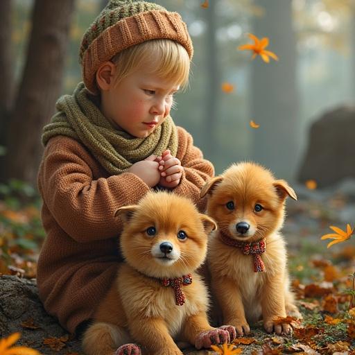 A child sits with two puppies. The child has light hair and a knitted hat. Autumn leaves are present. Soft sunlight illuminates the scene.