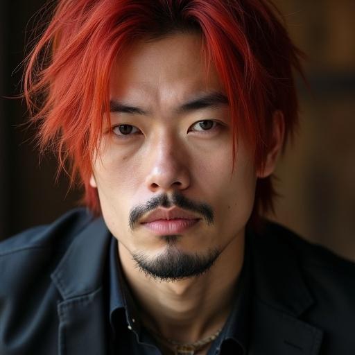 Close-up shot features a decadent rocker with red hair and stubble. Expression is intense and captivating. Clothing is casual yet stylish.