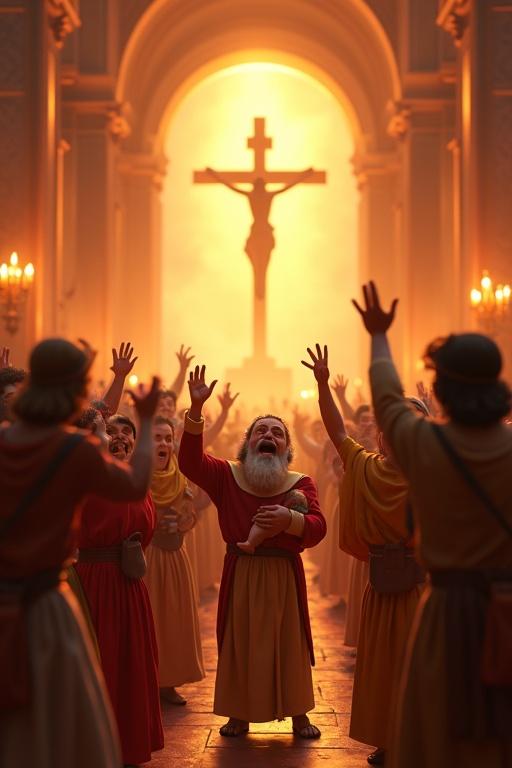 Pixar-style 3D animated scene. Central nave of baroque church. Emotional chaos with villagers weeping. Woman with newborn and elderly man holding crucifix. Blood from statues under light. Warm gold to deep crimson lighting. Low sweeping camera angle.