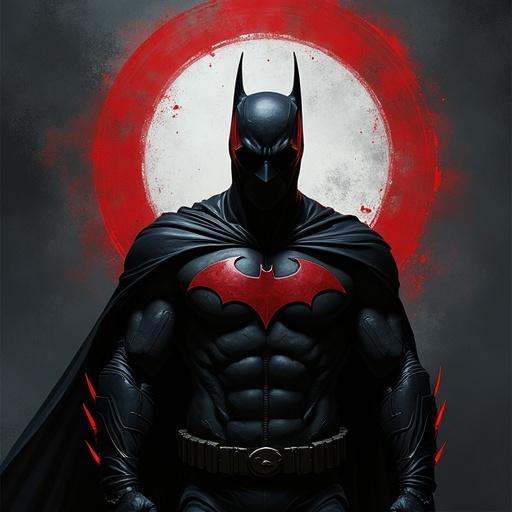 Batman stands with a prominent bat signal behind. The hero wears a black and red costume. A dramatic aura of power radiates. A dark and bold atmosphere is present.
