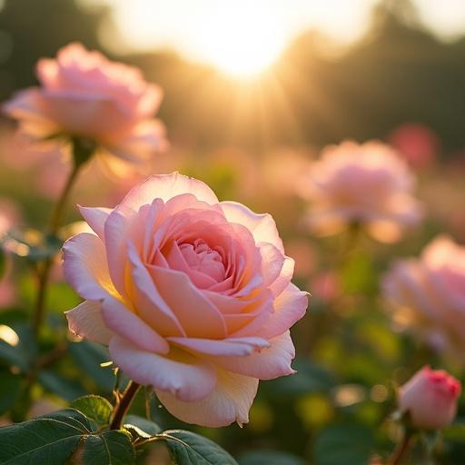 Beautiful pastel floral rose garden in sunlight. Close-up of pink roses with warm sunlight. Blurred background of flowers.