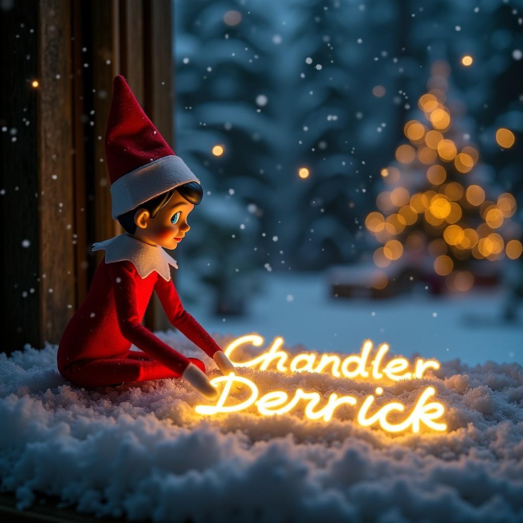 Elf character writes in snow. Name 'Chandler Derrick' appears in cursive. Soft warm lights illuminate the writing. Scene set around holiday time. Snowy background enhances festive mood.